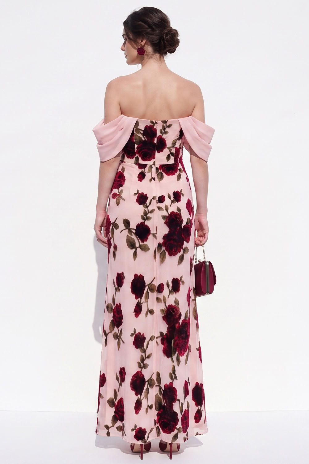 Peach Sheath Off The Shoulder Chiffon Floral Long Black Tie Dress