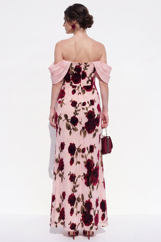 Peach Sheath Off The Shoulder Chiffon Floral Long Black Tie Dress