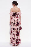 Peach Sheath Off The Shoulder Chiffon Floral Long Black Tie Dress