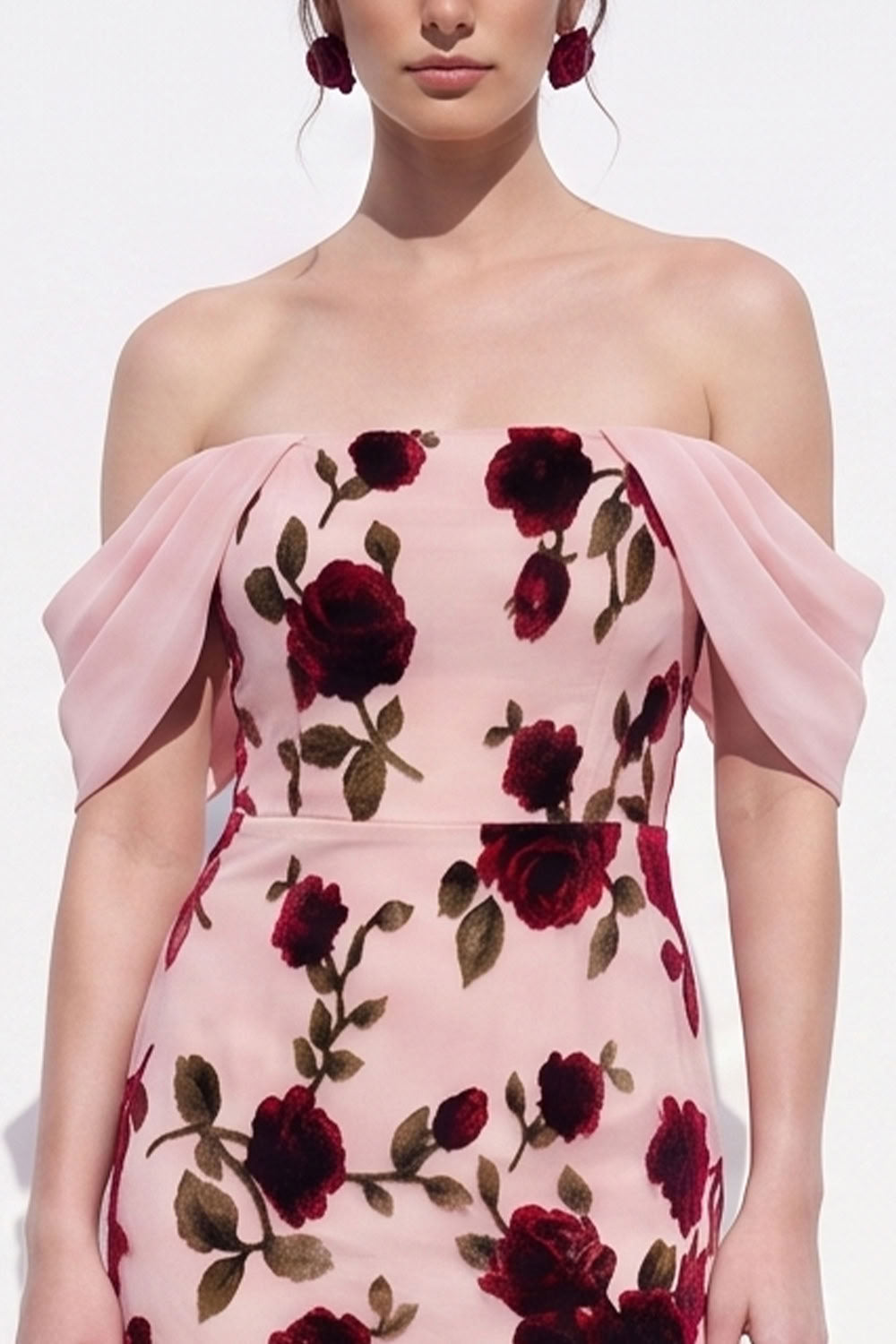 Peach Sheath Off The Shoulder Chiffon Floral Long Black Tie Dress