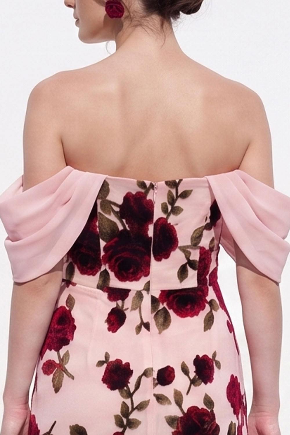 Peach Sheath Off The Shoulder Chiffon Floral Long Black Tie Dress