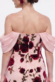 Peach Sheath Off The Shoulder Chiffon Floral Long Black Tie Dress