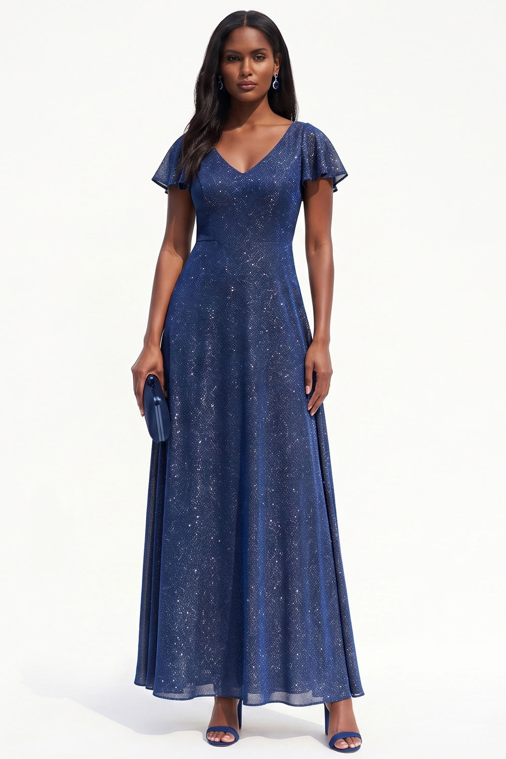 Sparkly Navy A-Line V-Neck Flutter Sleeves Long Black Tie Dress