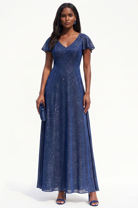 Sparkly Navy A-Line V-Neck Flutter Sleeves Long Black Tie Dress
