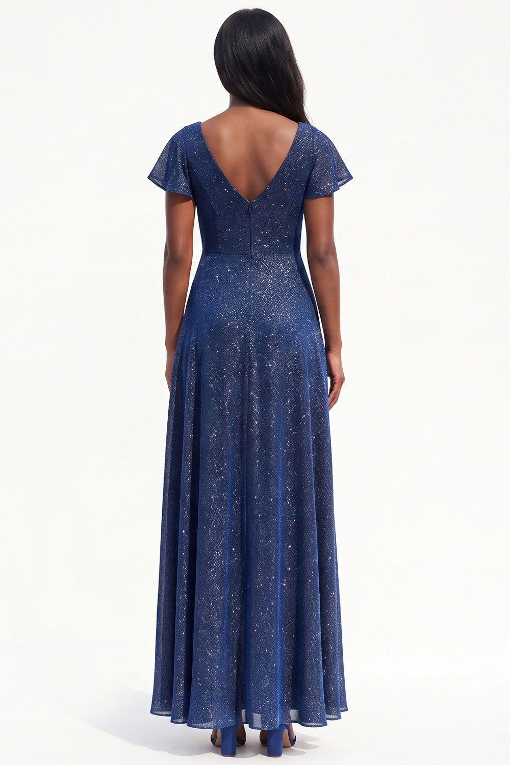Sparkly Navy A-Line V-Neck Flutter Sleeves Long Black Tie Dress