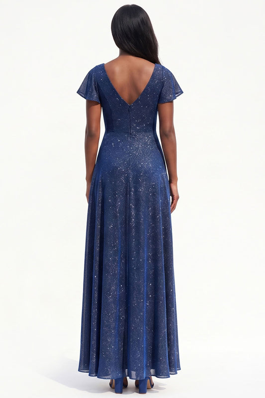 Sparkly Navy A-Line V-Neck Flutter Sleeves Long Black Tie Dress