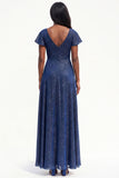 Sparkly Navy A-Line V-Neck Flutter Sleeves Long Black Tie Dress