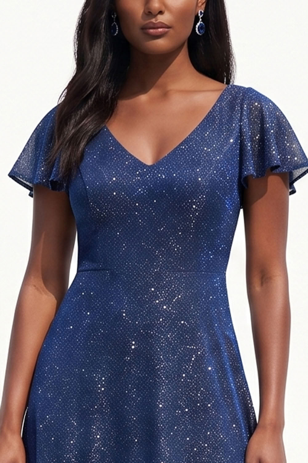 Sparkly Navy A-Line V-Neck Flutter Sleeves Long Black Tie Dress
