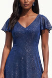 Sparkly Navy A-Line V-Neck Flutter Sleeves Long Black Tie Dress