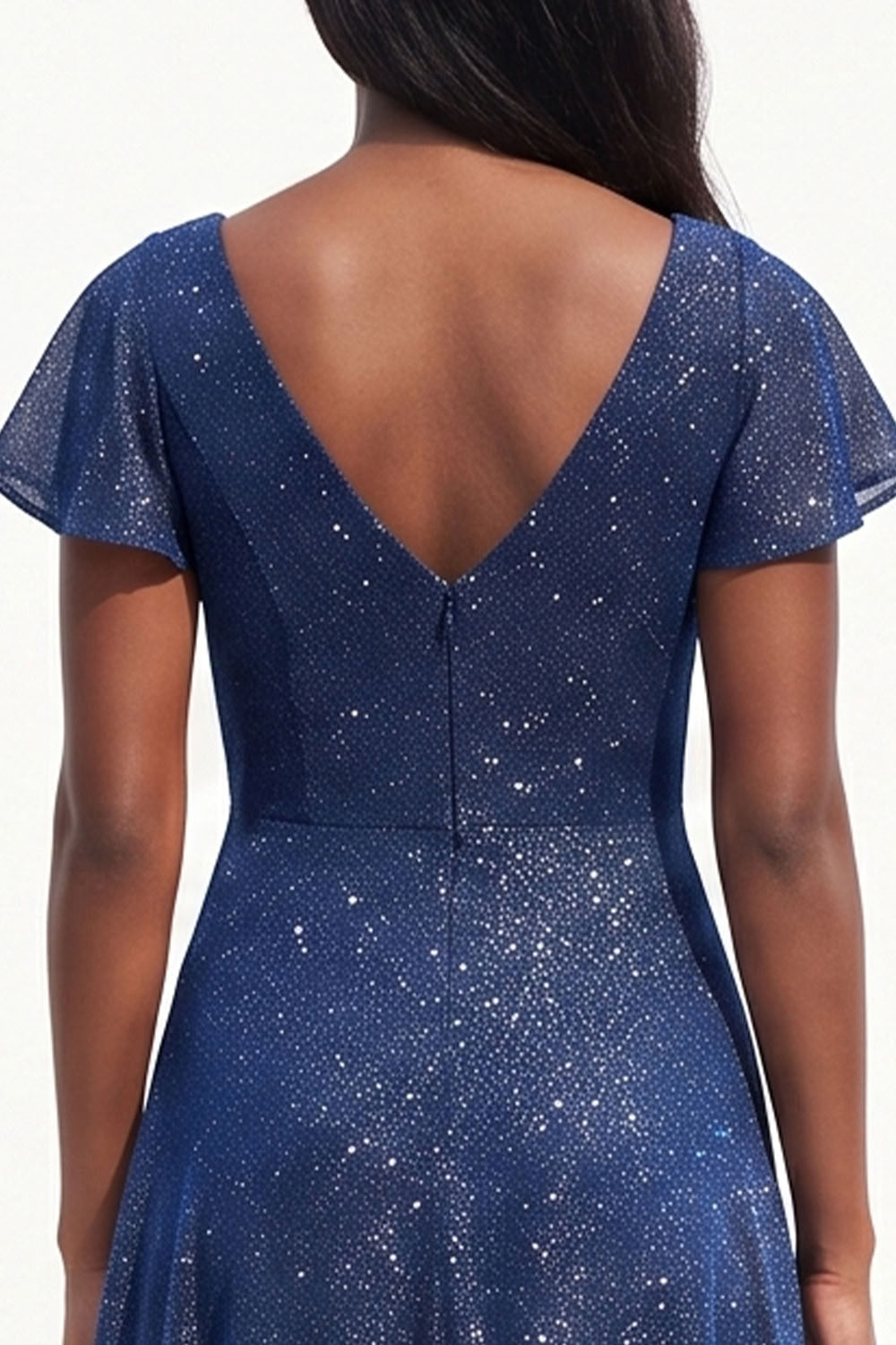 Sparkly Navy A-Line V-Neck Flutter Sleeves Long Black Tie Dress