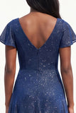 Sparkly Navy A-Line V-Neck Flutter Sleeves Long Black Tie Dress