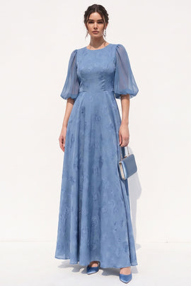 Dusty Blue A-Line Floral Puff Sleeves Long Black Tie Dress
