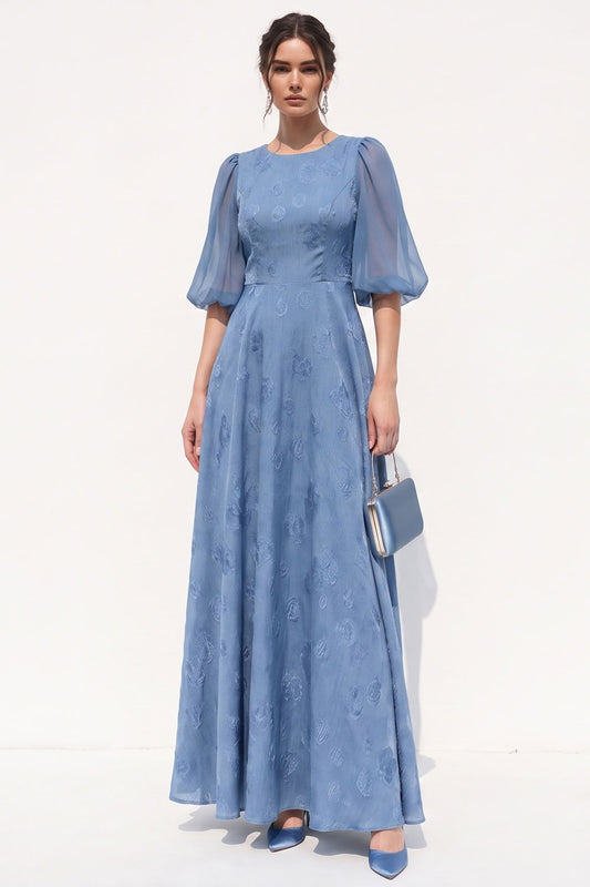Dusty Blue A-Line Floral Puff Sleeves Long Black Tie Dress