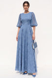 Dusty Blue A-Line Floral Puff Sleeves Long Black Tie Dress