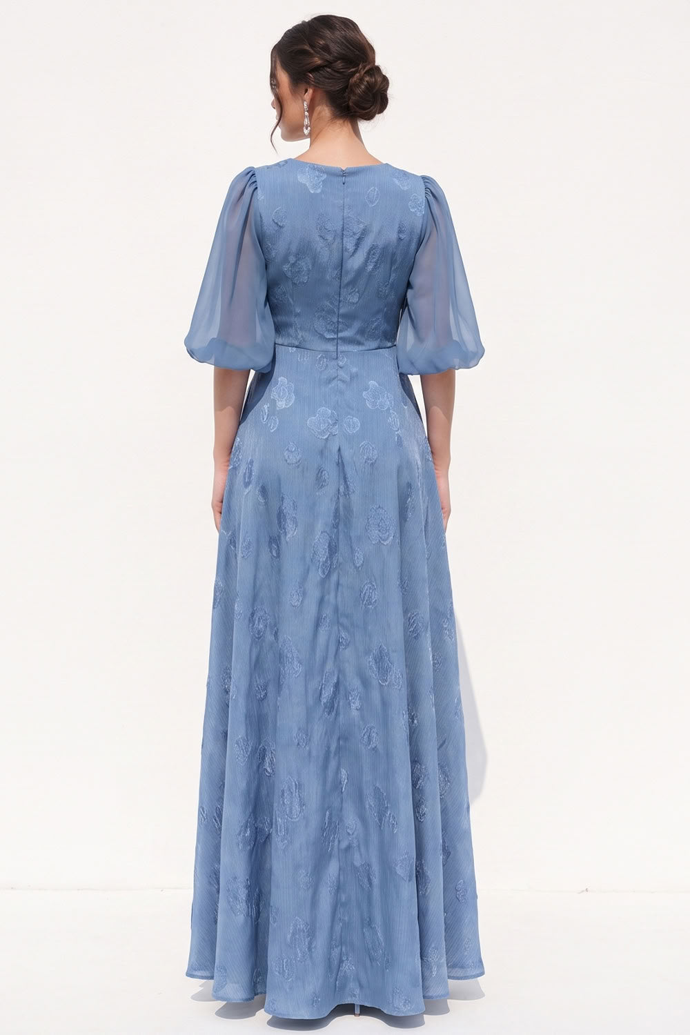 Dusty Blue A-Line Floral Puff Sleeves Long Black Tie Dress