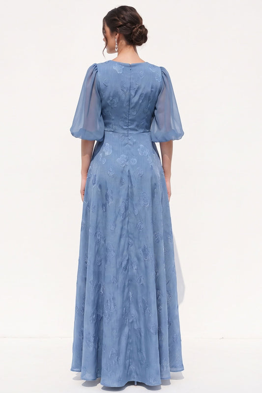 Dusty Blue A-Line Floral Puff Sleeves Long Black Tie Dress