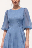 Dusty Blue A-Line Floral Puff Sleeves Long Black Tie Dress