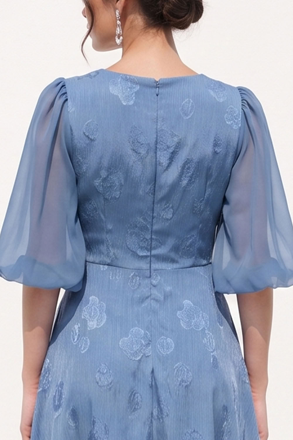 Dusty Blue A-Line Floral Puff Sleeves Long Black Tie Dress