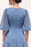 Dusty Blue A-Line Floral Puff Sleeves Long Black Tie Dress