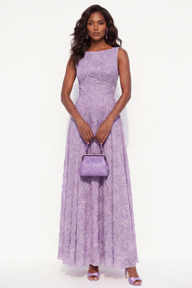 Lavender A-Line Boat Neck Floral Long Black Tie Dress with Bow