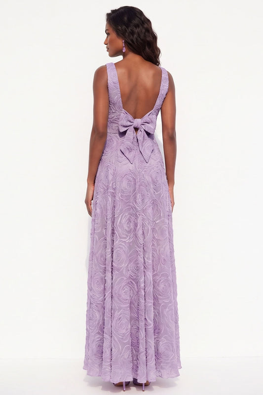Lavender A-Line Boat Neck Floral Long Black Tie Dress with Bow