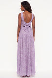 Lavender A-Line Boat Neck Floral Long Black Tie Dress with Bow