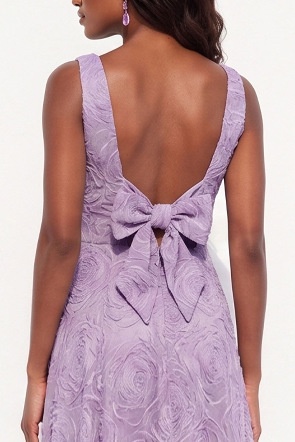 Lavender A-Line Boat Neck Floral Long Black Tie Dress with Bow