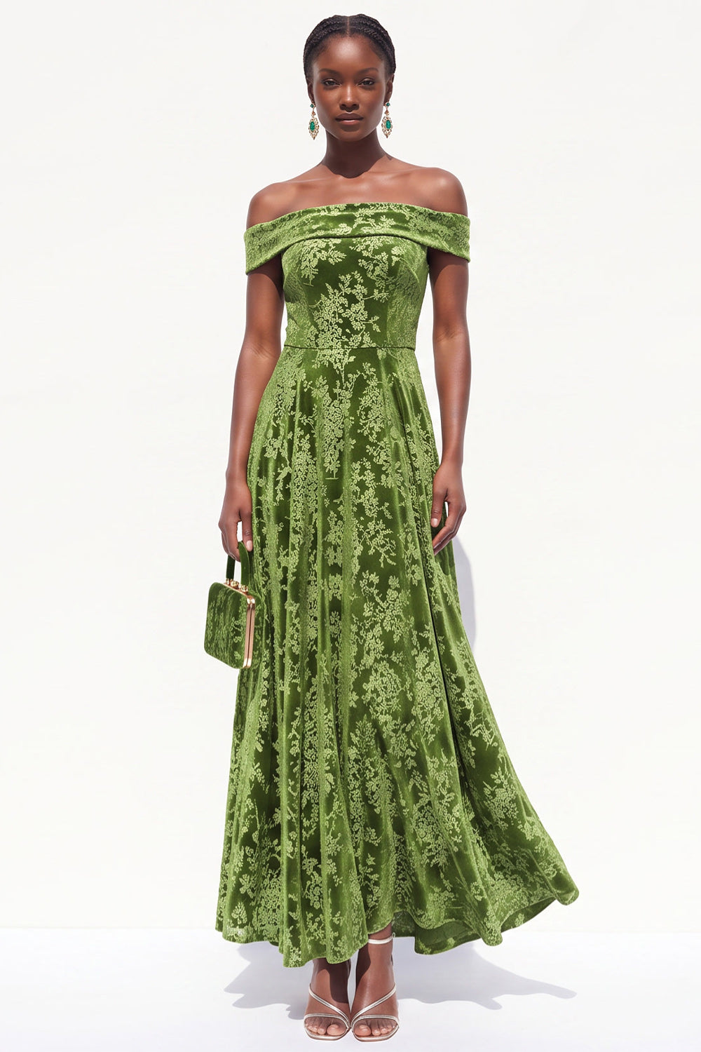 Olive Green A-Line Off the Shoulder Floral Long Velvet Holiday Dress