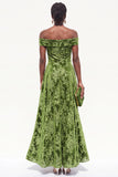 Olive Green A-Line Off the Shoulder Floral Long Velvet Holiday Dress