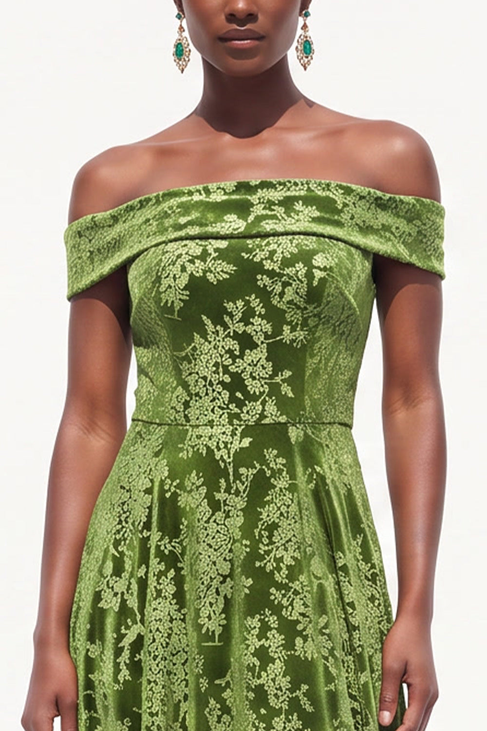 Olive Green A-Line Off the Shoulder Floral Long Velvet Holiday Dress