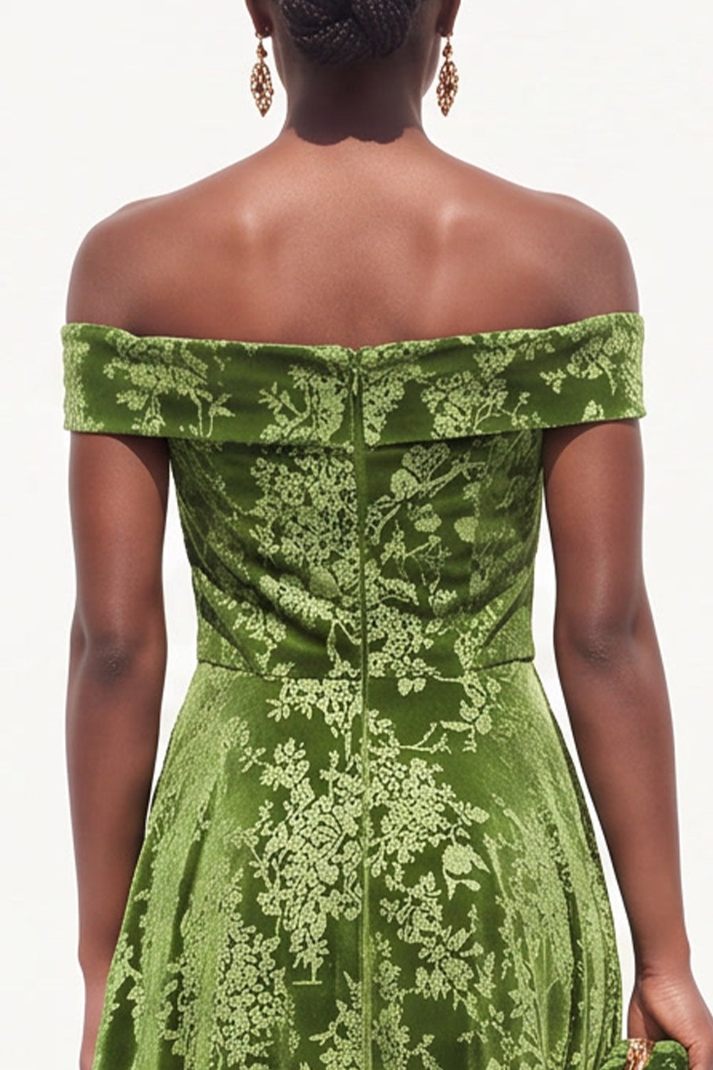 Olive Green A-Line Off the Shoulder Floral Long Velvet Holiday Dress