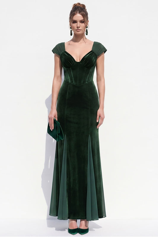 Dark Green Corset Mermaid Long Velvet Holiday Dress with Sleeves
