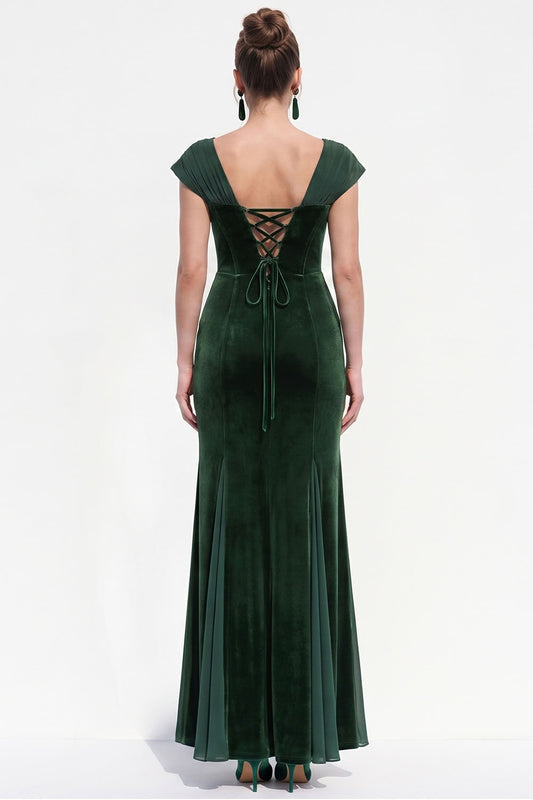 Dark Green Corset Mermaid Long Velvet Holiday Dress with Sleeves