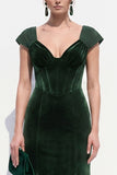 Dark Green Corset Mermaid Long Velvet Holiday Dress with Sleeves