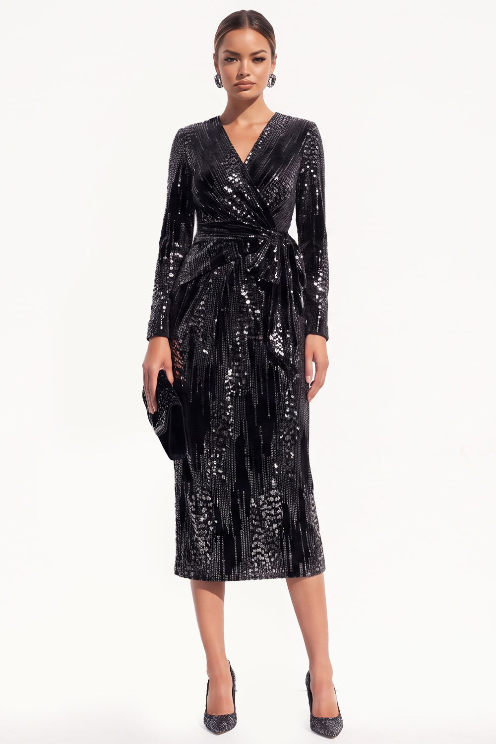 Sparkly Black Sequins Bodycon V-Neck Midi Work Dress with Sash