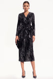 Sparkly Black Sequins Bodycon V-Neck Midi Work Dress with Sash