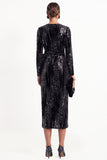 Sparkly Black Sequins Bodycon V-Neck Midi Work Dress with Sash