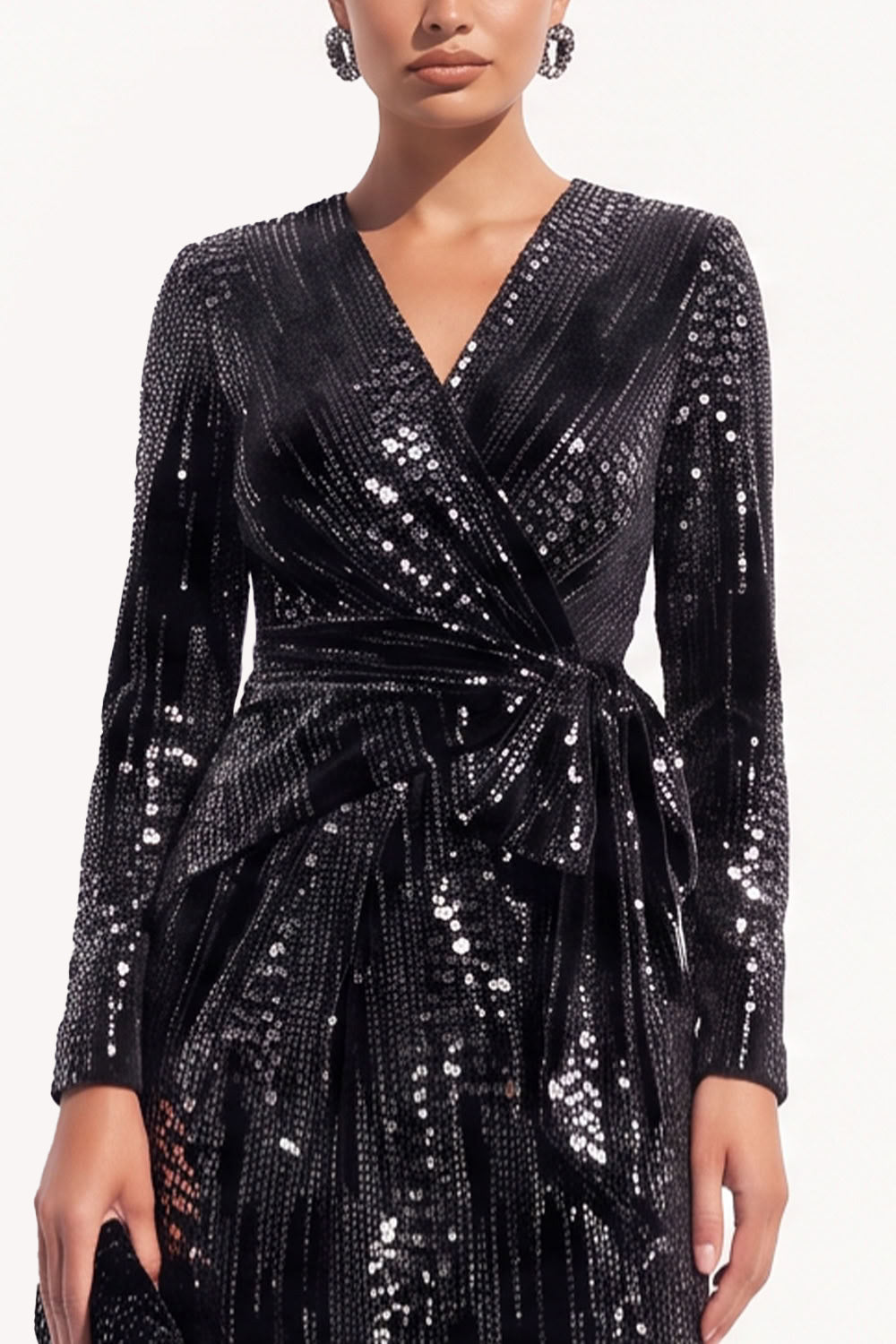 Sparkly Black Sequins Bodycon V-Neck Midi Work Dress with Sash