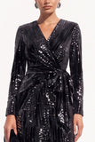Sparkly Black Sequins Bodycon V-Neck Midi Work Dress with Sash