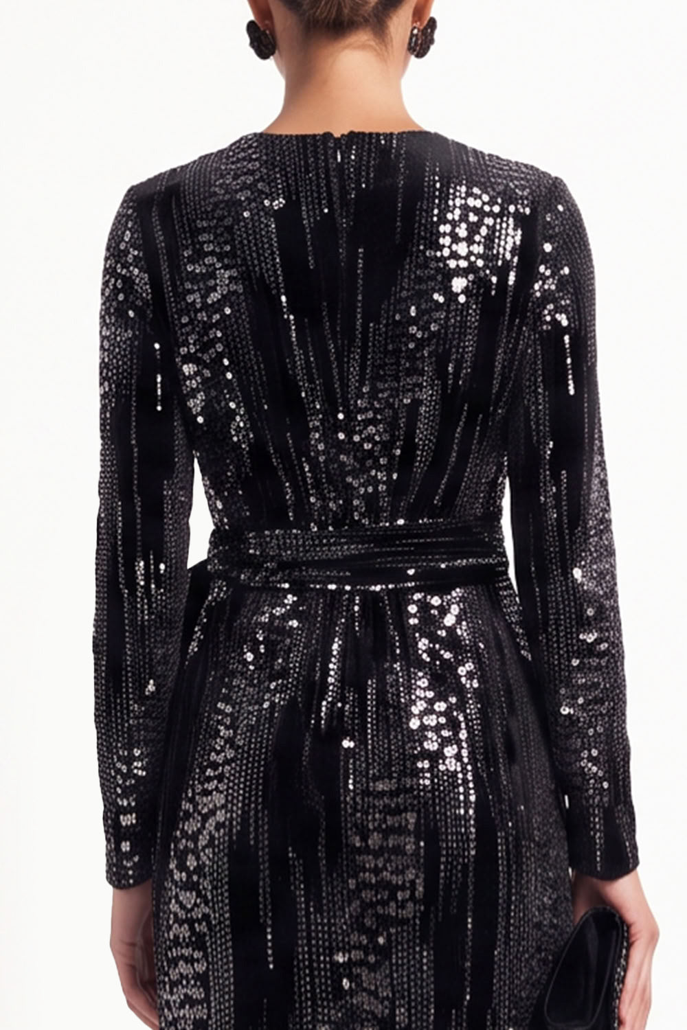 Sparkly Black Sequins Bodycon V-Neck Midi Work Dress with Sash