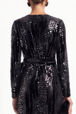 Sparkly Black Sequins Bodycon V-Neck Midi Work Dress with Sash