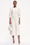 White Bodycon Round Neck Midi Work Dress with Sleeves