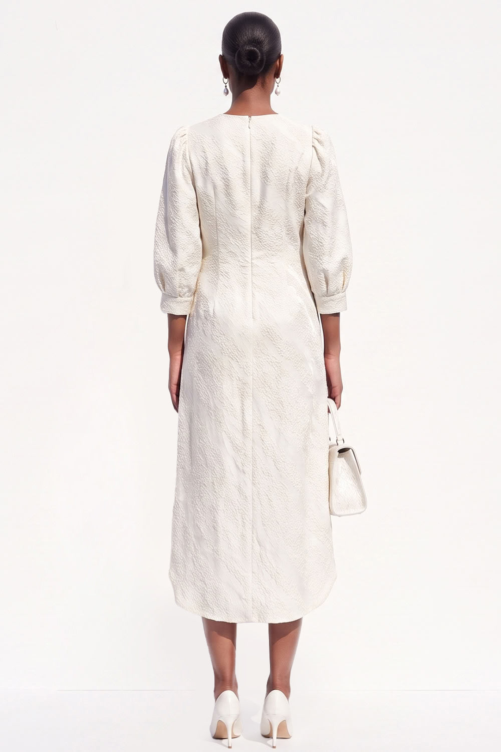 White Bodycon Round Neck Midi Work Dress with Sleeves