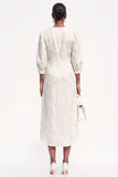 White Bodycon Round Neck Midi Work Dress with Sleeves