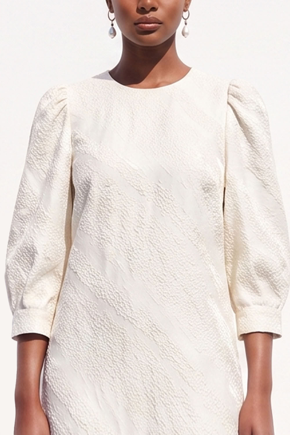 White Bodycon Round Neck Midi Work Dress with Sleeves