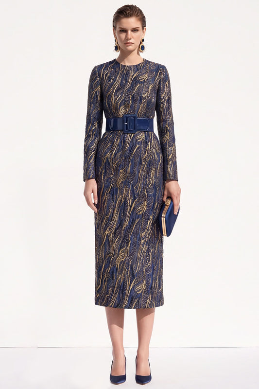 Ink Blue Bodycon Round Neck Jacquard Midi Work Dress with Belt