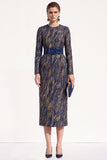 Ink Blue Bodycon Round Neck Jacquard Midi Work Dress with Belt
