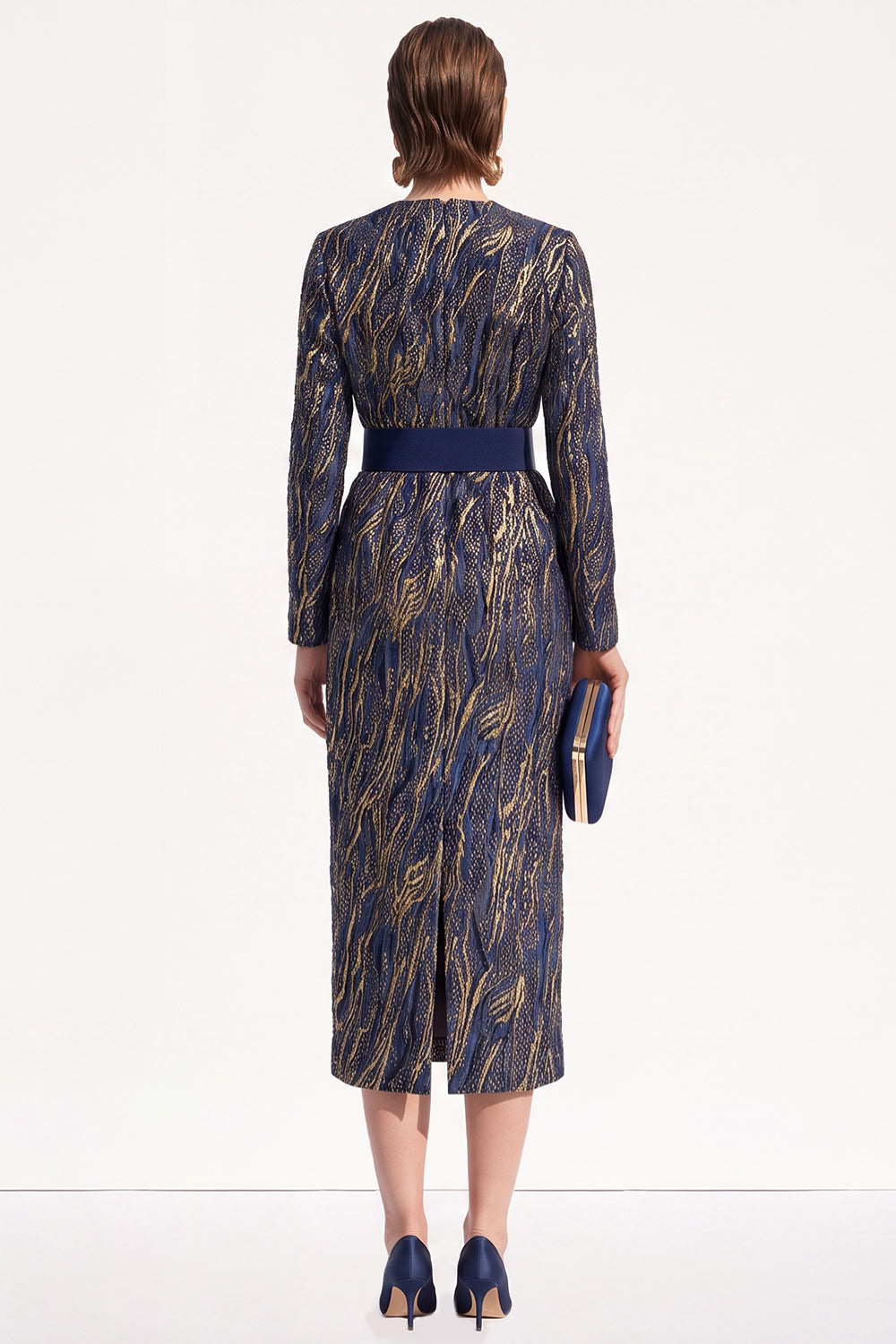 Ink Blue Bodycon Round Neck Jacquard Midi Work Dress with Belt