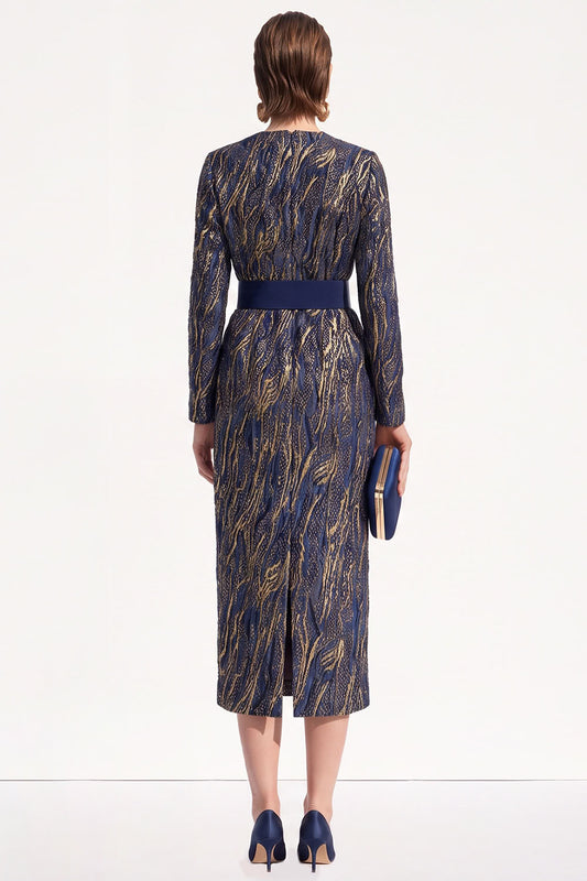 Ink Blue Bodycon Round Neck Jacquard Midi Work Dress with Belt