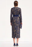 Ink Blue Bodycon Round Neck Jacquard Midi Work Dress with Belt
